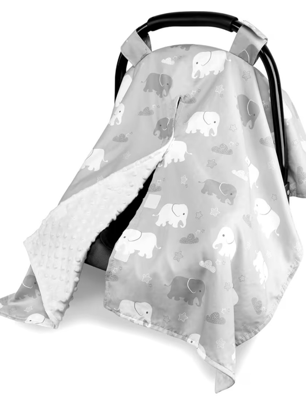 Gray and white elephant car seat canopy